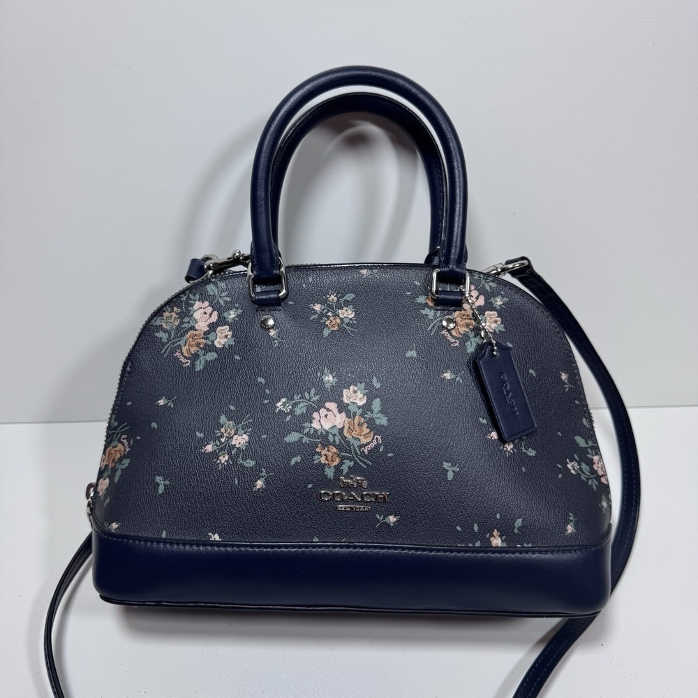 Coach Mini Sierra Satchel Rose Bouquet Floral Navy Crossbody Handbag 91430